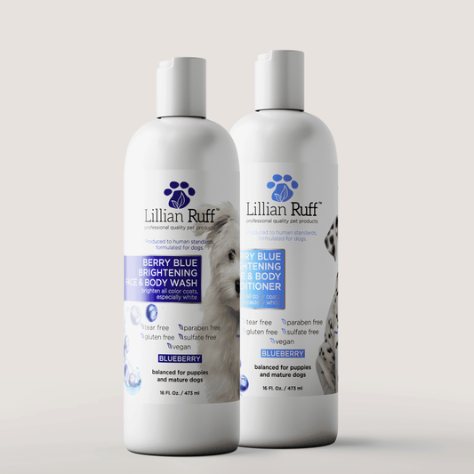 Berry Blue Brightening Shampoo & Conditioner Set bottles for light colored coats, Lillian Ruff, sold through Sniff and Shift
