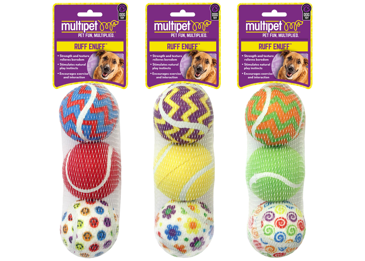 Multipet Tennis Ball 3-Pack dog toy, assorted swirl spiral floral smiley and solid designs