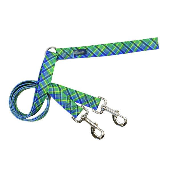 Electric Glow Green Plaid EarthStyle Double Connection Leash by 2 Hounds Design, sold through Sniff and Shift