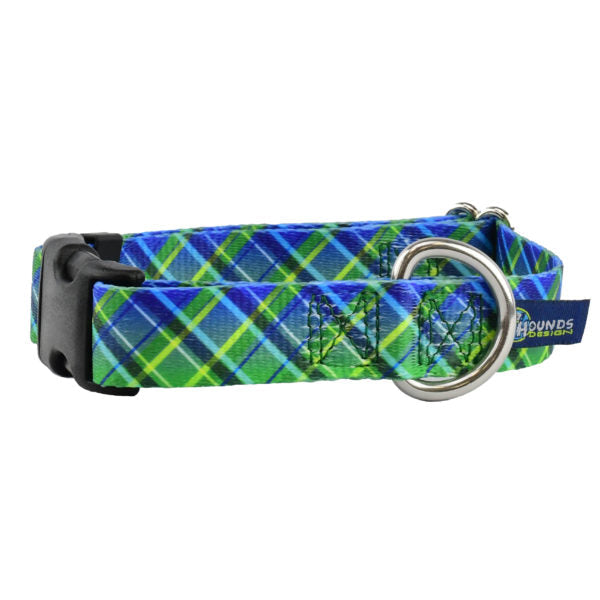 Electric Glow Green Plaid EarthStyle Dog Collar by 2 Hounds Design, sold through Sniff and Shift