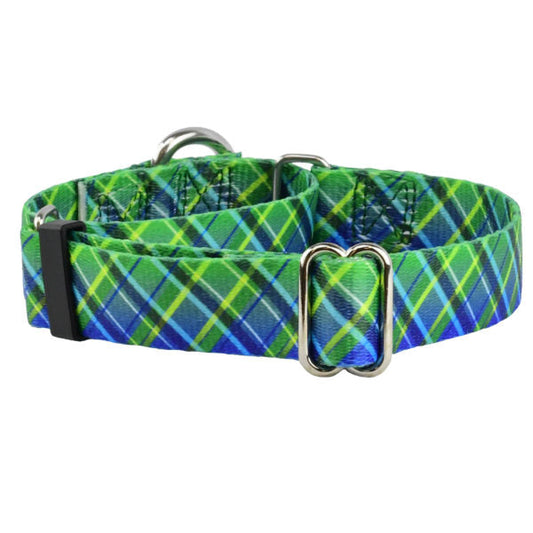 Electric Glow Green Plaid EarthStyle Martingale Dog Collar by 2 Hounds Design, sold through Sniff and Shift