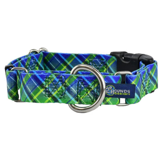 Electric Glow Green Plaid EarthStyle Buckle Martingale Dog Collar by 2 Hounds Design, sold through Sniff and Shift