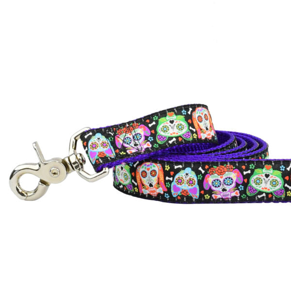 XOLO Sugar Skull Ribbon Dog Leash 1″ by 2 Hounds Design, sold through Sniff and Shift