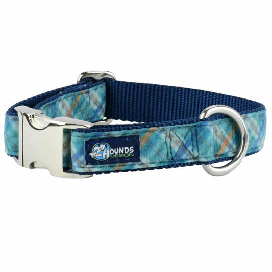Blue Plaid Velvet Essential Dog Collar by 2 Hounds Design, sold through Sniff and Shift