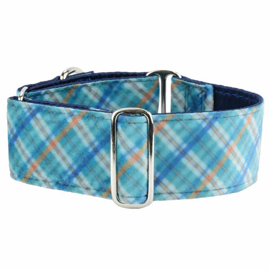 Blue Plaid Elite Velvet Dog Collar by 2 Hounds Design, sold through Sniff and Shift