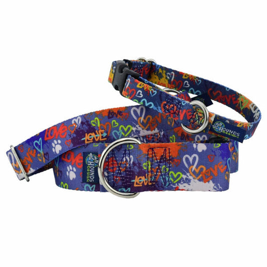 Love Graffiti Blue EarthStyle Martingale Dog Collar by 2 Hounds Design, sold through Sniff and Shift