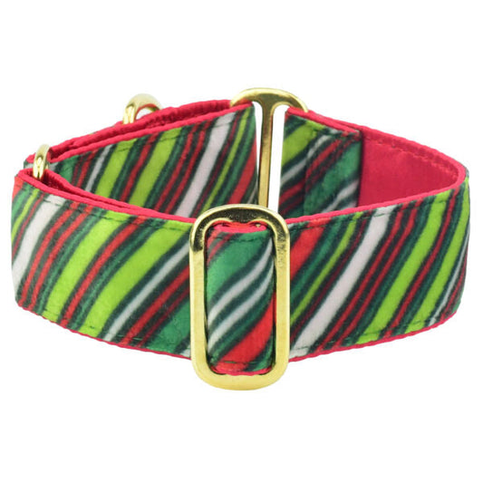 Christmas Stripes Elite Swiss Velvet Dog Collar by 2 Hounds Design, sold through Sniff and Shift