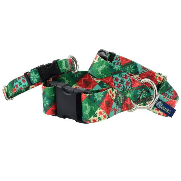 Christmas Patchwork EarthStyle Buckle Martingale Dog Collar by 2 Hounds Design, sold through Sniff and Shift