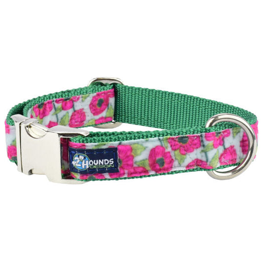 Bold Poppies Velvet Essential Buckle Martingale Dog Collar by 2 Hounds Design, sold through Sniff and Shift