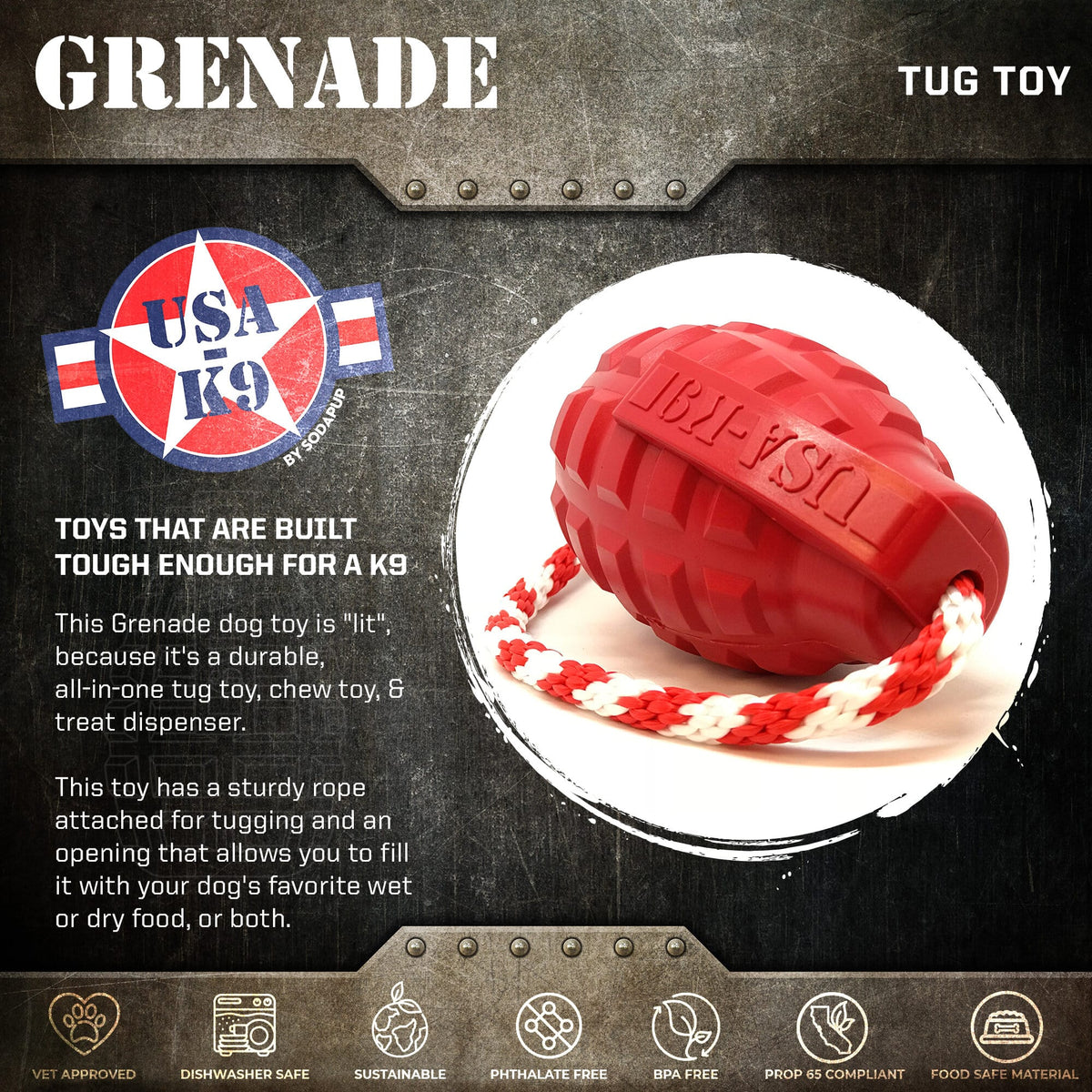 USA-K9 Grenade Rubber Toy Steel Blue