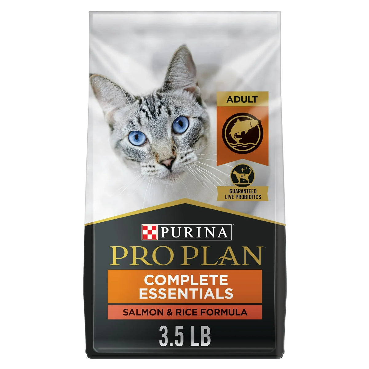 Bag of Pro Plan Adult Complete Essentials Salmon &amp; Rice dry cat food, 3.5lb size.