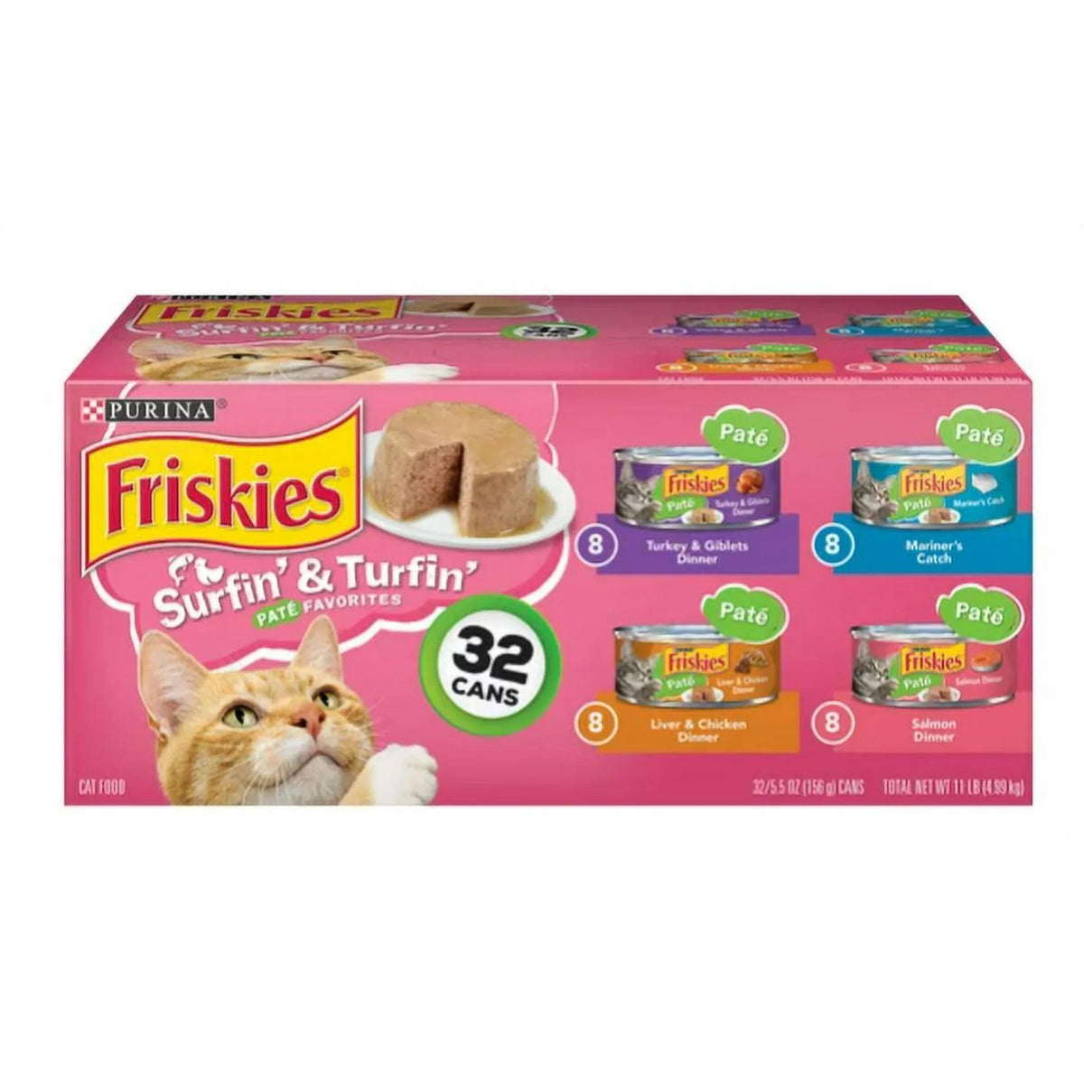 Box of Friskies Pate Surf & Turf Variety wet cat food, 32 cans of 5.5 ounce