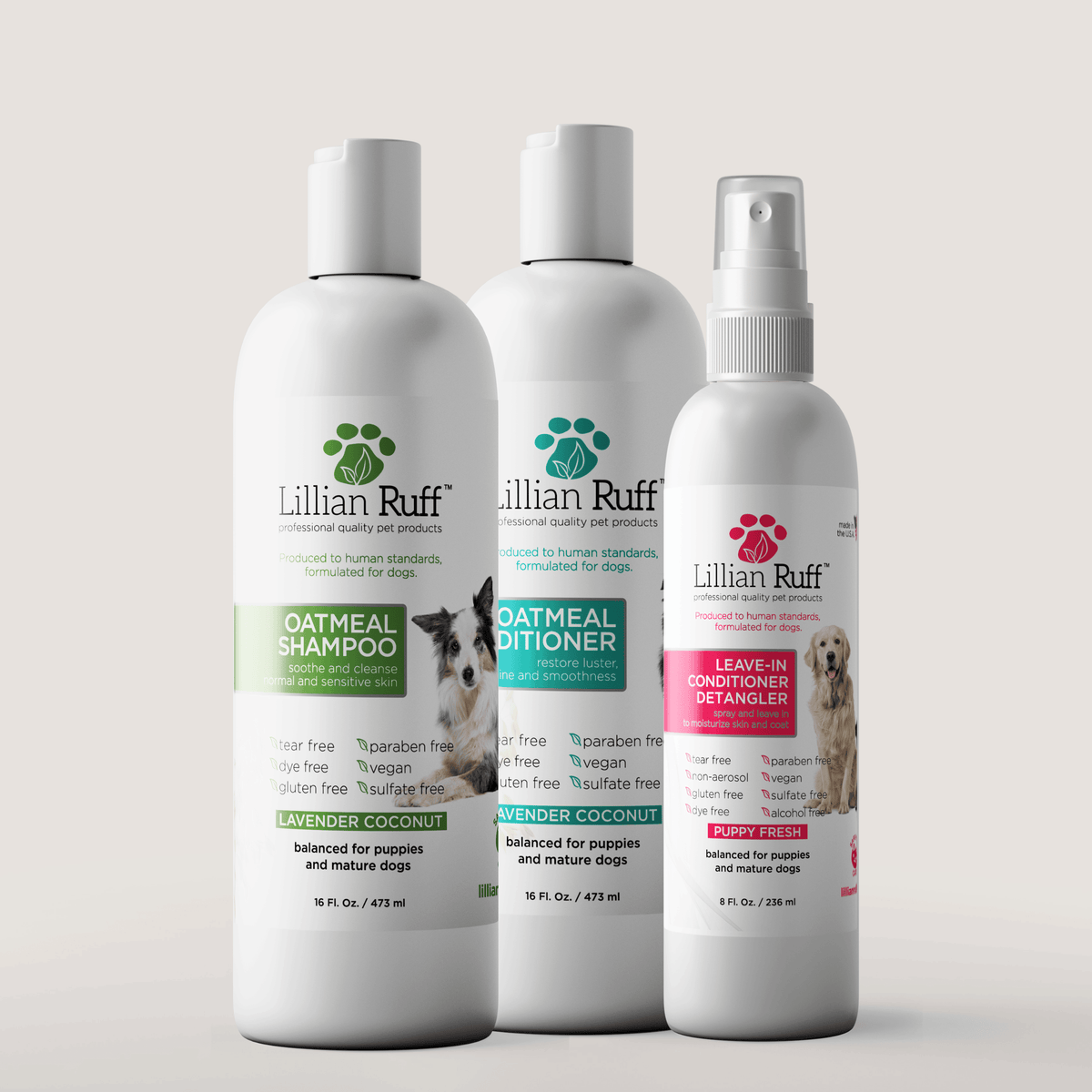 The Gentle & Calming Set of shampoo, conditioner, and detangler, Lillian Ruff, sold through Sniff and Shift