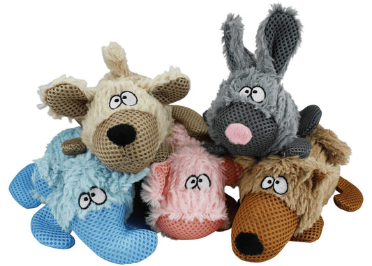 Multipet Combers plush dog toy, 8 inch assorted animal with mesh nose and feet.