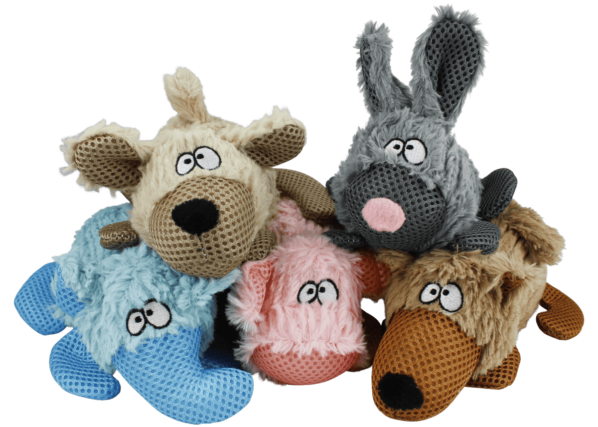 Multipet Combers plush dog toy, 8 inch assorted animal with mesh nose and feet.