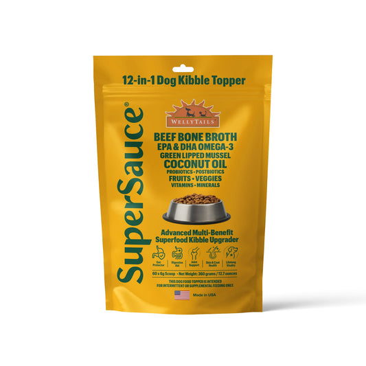 WellyTails SuperSauce kibble topper powder pouch for dogs, 12.7 oz beef bone broth flavor
