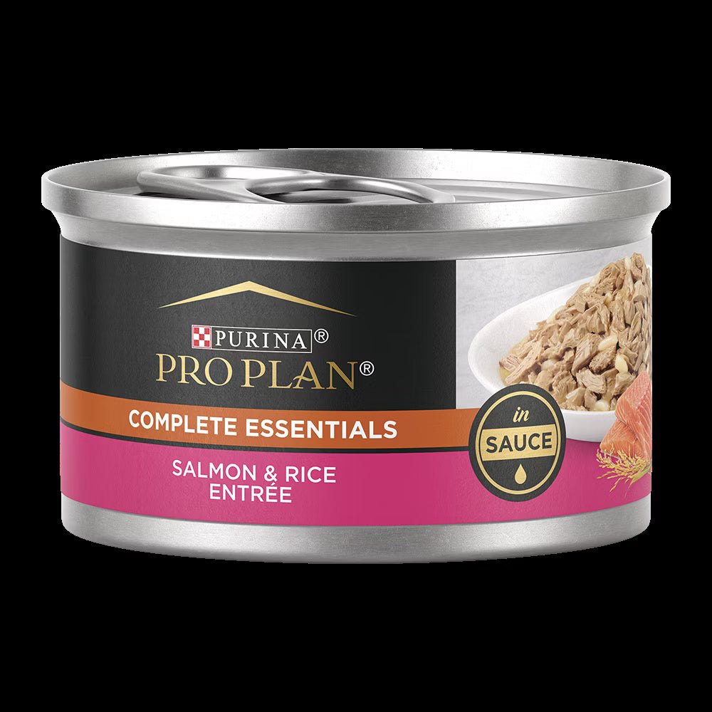 Pro Plan Complete Essentials Salmon & Rice entree in sauce wet cat food can, 3oz