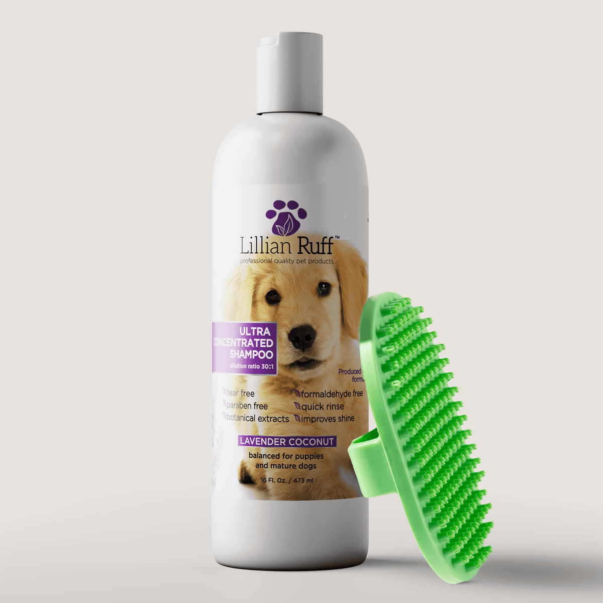 16 oz Ultra Concentrated Shampoo bottle with Pet Bath Brush, Lillian Ruff, sold through Sniff and Shift