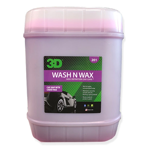 3D Wash N Wax 5 gallon pail of pink car wash soap with a purple and white 201 label