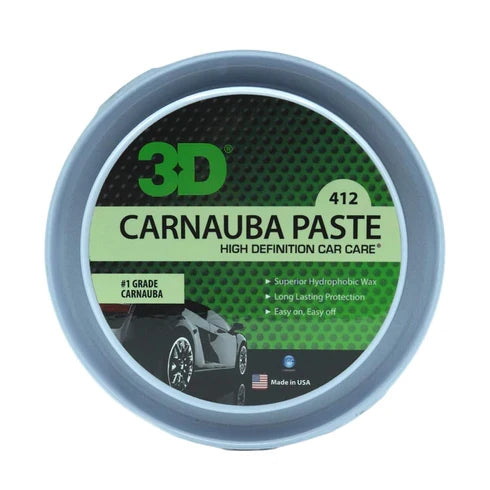 3D Carnauba Paste Wax round tin with dark green label and applicator pad