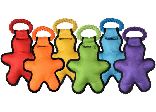 Multipet Cross-Ropes Tug o Man dog toy, 14 inch nylon rope figure in assorted colors.