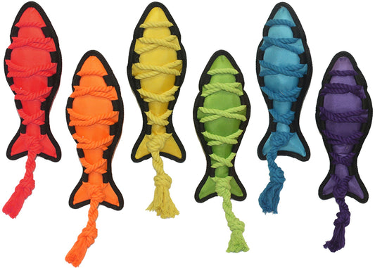 Multipet Cross-Ropes Fish dog toy, 11.5 inch nylon rope fish in assorted colors.