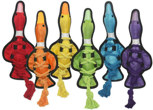 Multipet Cross-Ropes Duck dog toy, 19 inch nylon rope duck in assorted colors.