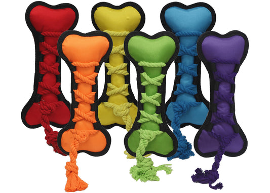 Multipet Cross-Ropes Bone dog toy, 11.5 inch nylon rope bone in assorted colors.