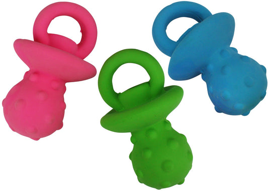 Multipet Minipet Latex Pacifier dog toy, assorted bright colors, squeaks when squeezed