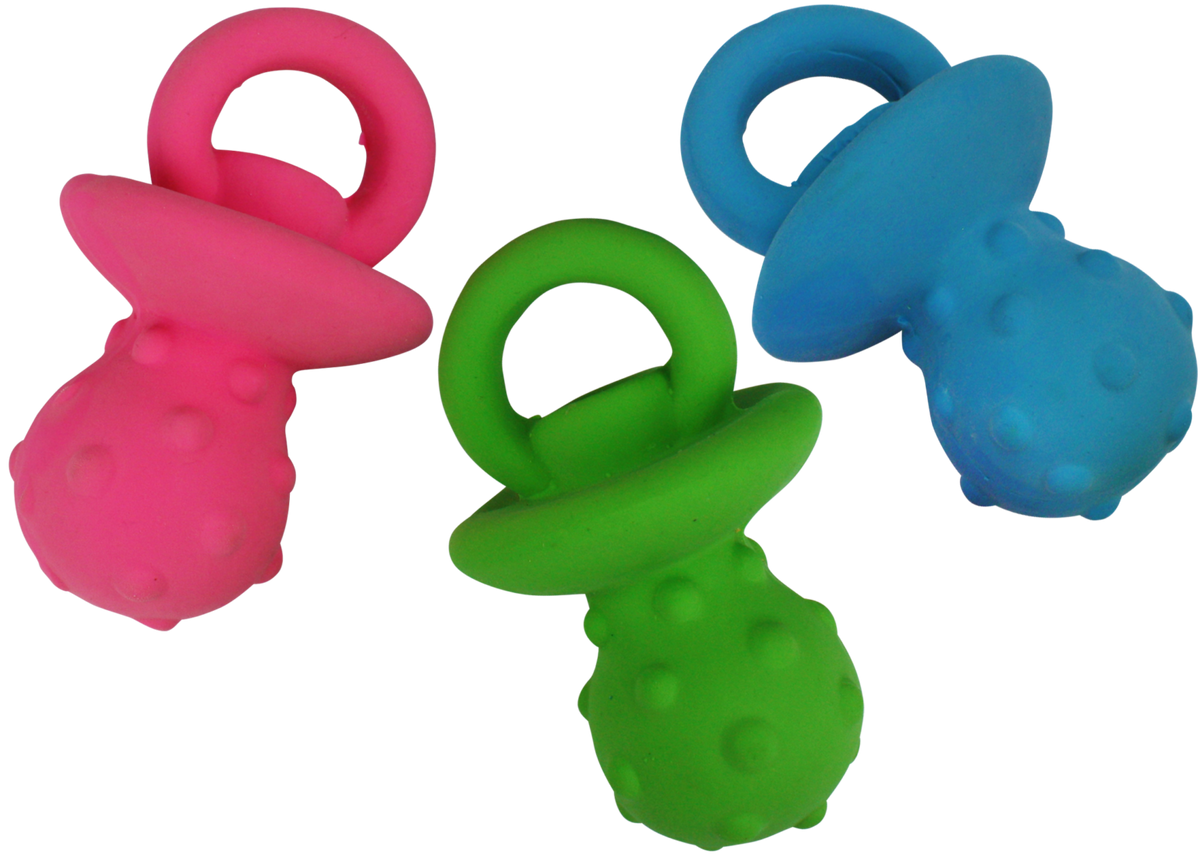 Multipet Minipet Latex Pacifier dog toy, assorted bright colors, squeaks when squeezed