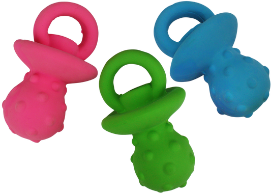 Multipet Minipet Latex Pacifier dog toy, assorted bright colors, squeaks when squeezed