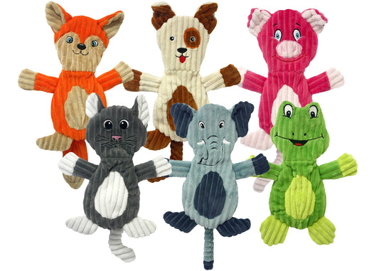 Multipet Flapjacks crinkle dog toy, 12 inch, assorted animal styles.