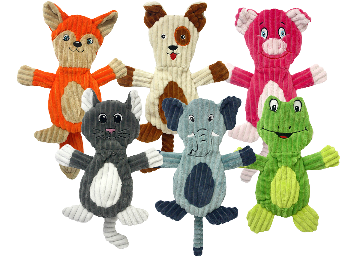 Multipet Flapjacks crinkle dog toy, 12 inch, assorted animal styles.