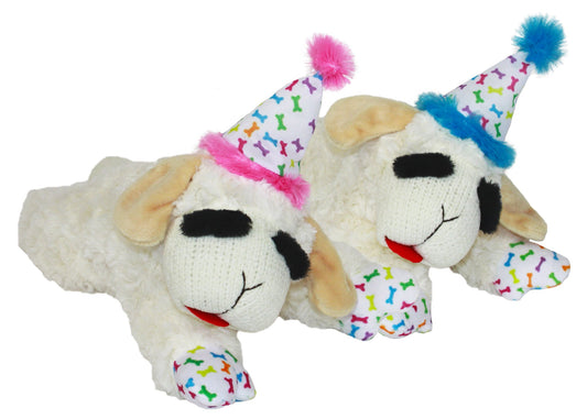 Multipet Lamb Chop with birthday hat plush dog toy, 4 inch, assorted colors