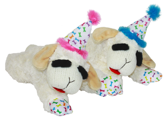 Multipet Lamb Chop with birthday hat plush dog toy, 4 inch, assorted colors
