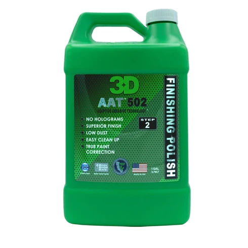 3D 502 AAT Finishing Polish gallon jug with handle, green jug with AAT 502 Finishing Polish label