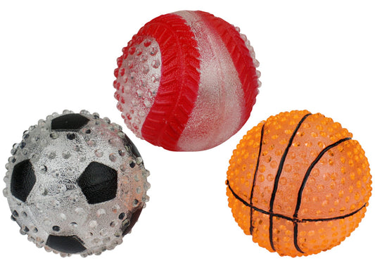 Multipet Doglucent TPR Sports Balls dog toy, 2.5 inch light-up ball, assorted sports styles.