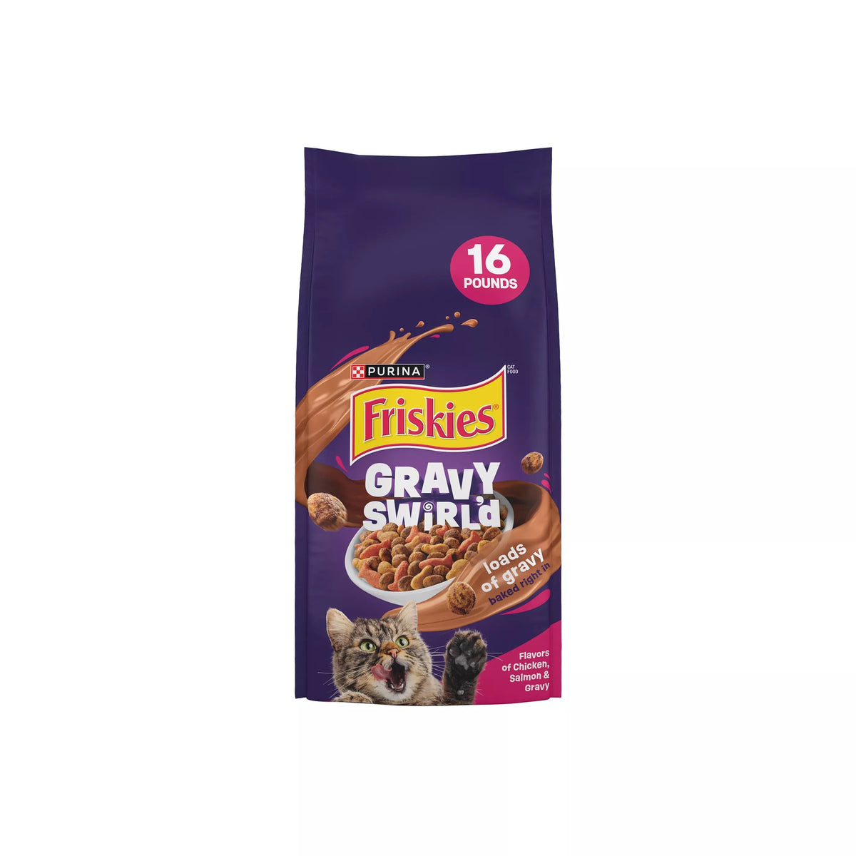 Bag of Friskies Gravy Swirlers dry cat food with chicken, salmon and gravy flavors.
