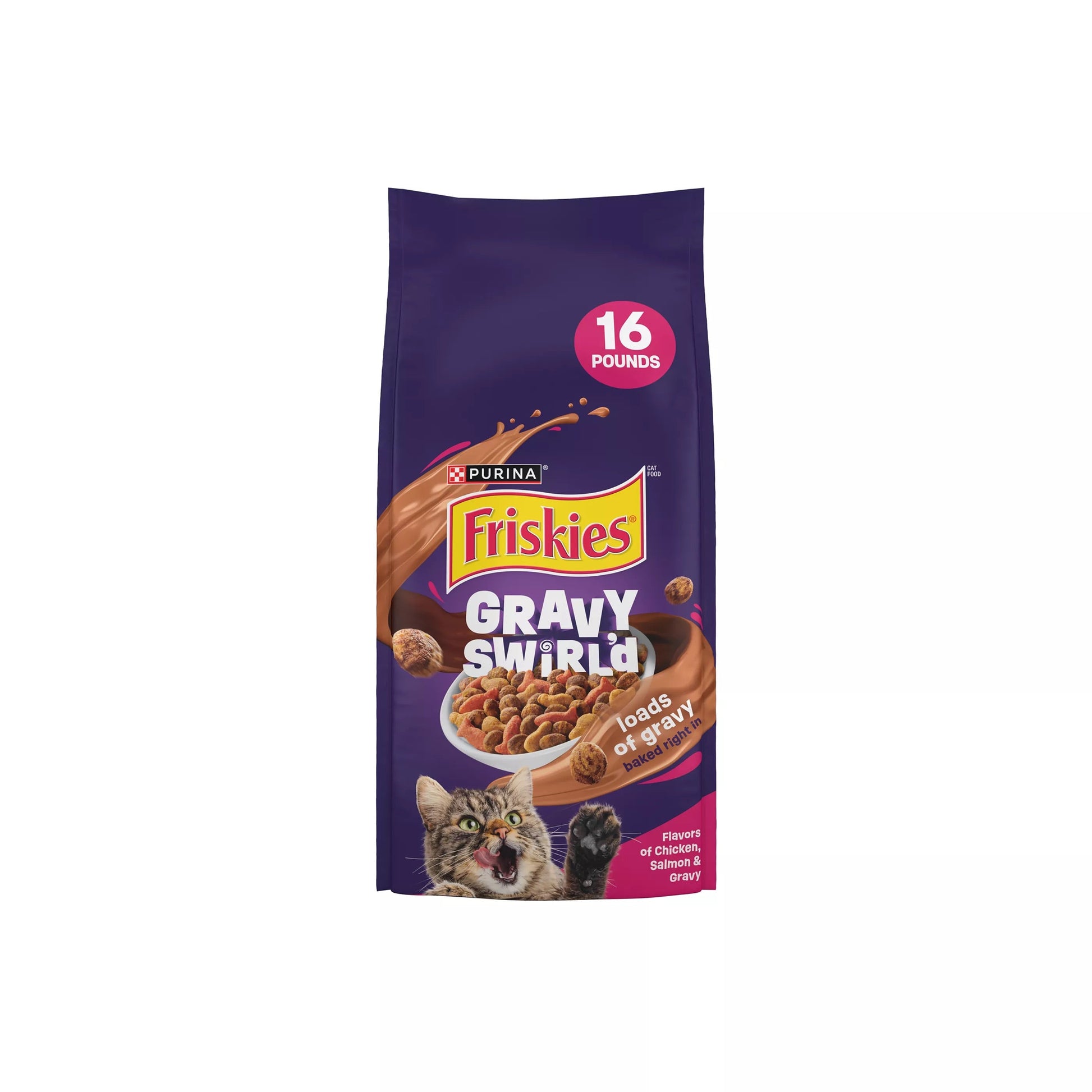 Bag of Friskies Gravy Swirlers dry cat food with chicken, salmon and gravy flavors.