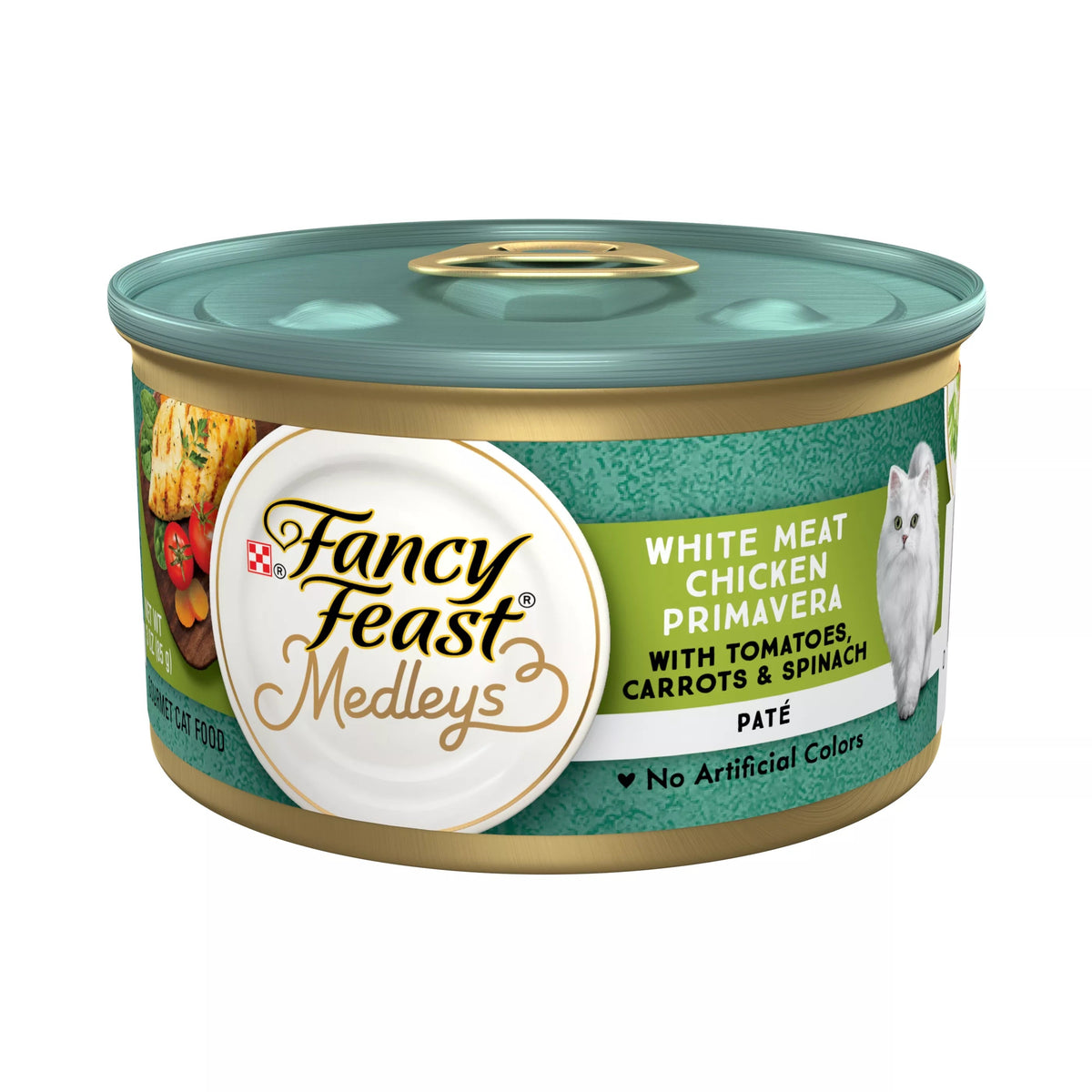 Can of Fancy Feast Medleys White Meat Chicken Primavera pate, 3oz