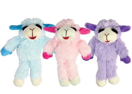 Multipet Floppy Lamb Chop plush dog toy, 14 inch, assorted pink purple and blue colors