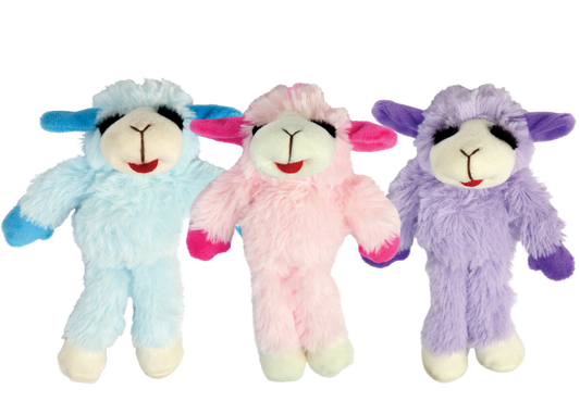 Multipet Floppy Lamb Chop plush dog toy, 14 inch, assorted pink purple and blue colors