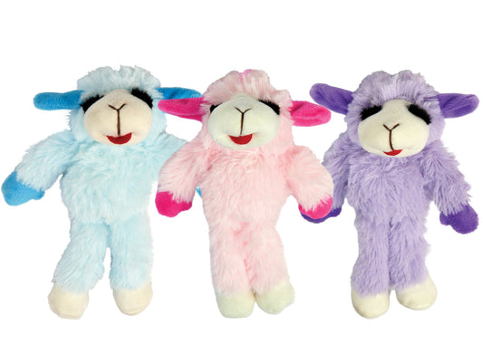 Multipet Floppy Lamb Chop plush dog toy, 7 inch, assorted pink purple and blue colors