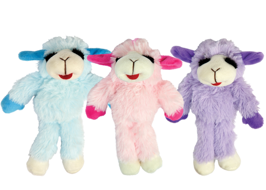 Multipet Floppy Lamb Chop plush dog toy, 7 inch, assorted pink purple and blue colors