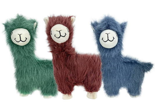Multipet Fuzzy Llama plush dog toy, 12 inch, assorted colors.