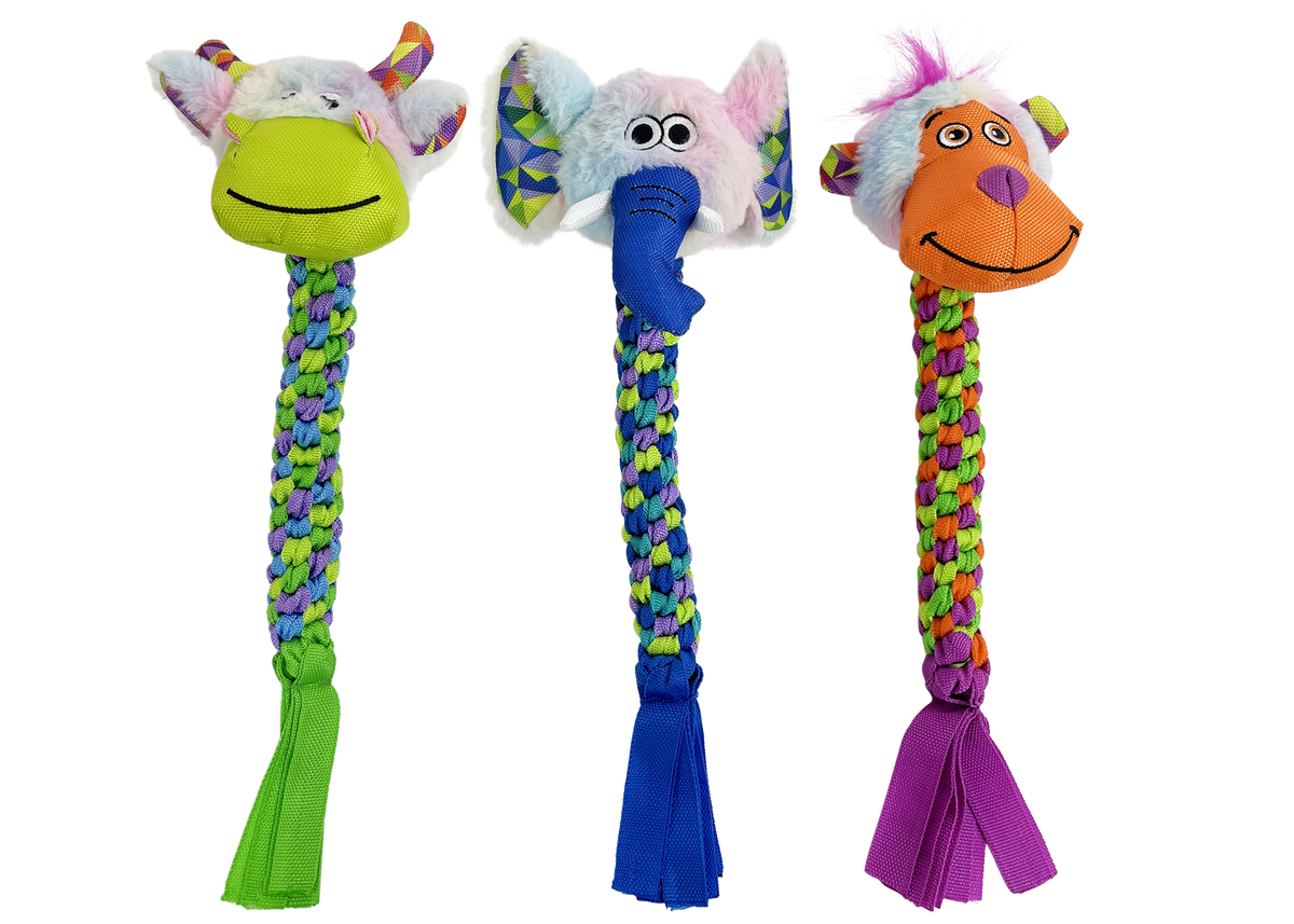 Multipet Braided Rope Animals dog toy, 15 inch, rope body plush head