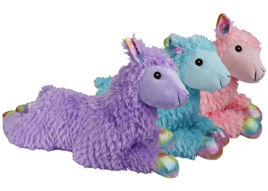Multipet Jumbo Llama plush dog toy, 24 inches, assorted pastel colors with sparkly ears