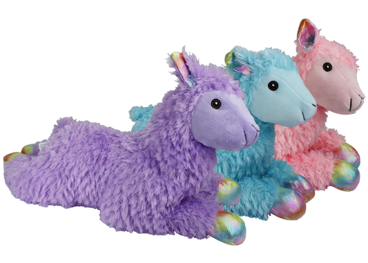 Multipet Jumbo Llama plush dog toy, 24 inches, assorted pastel colors with sparkly ears