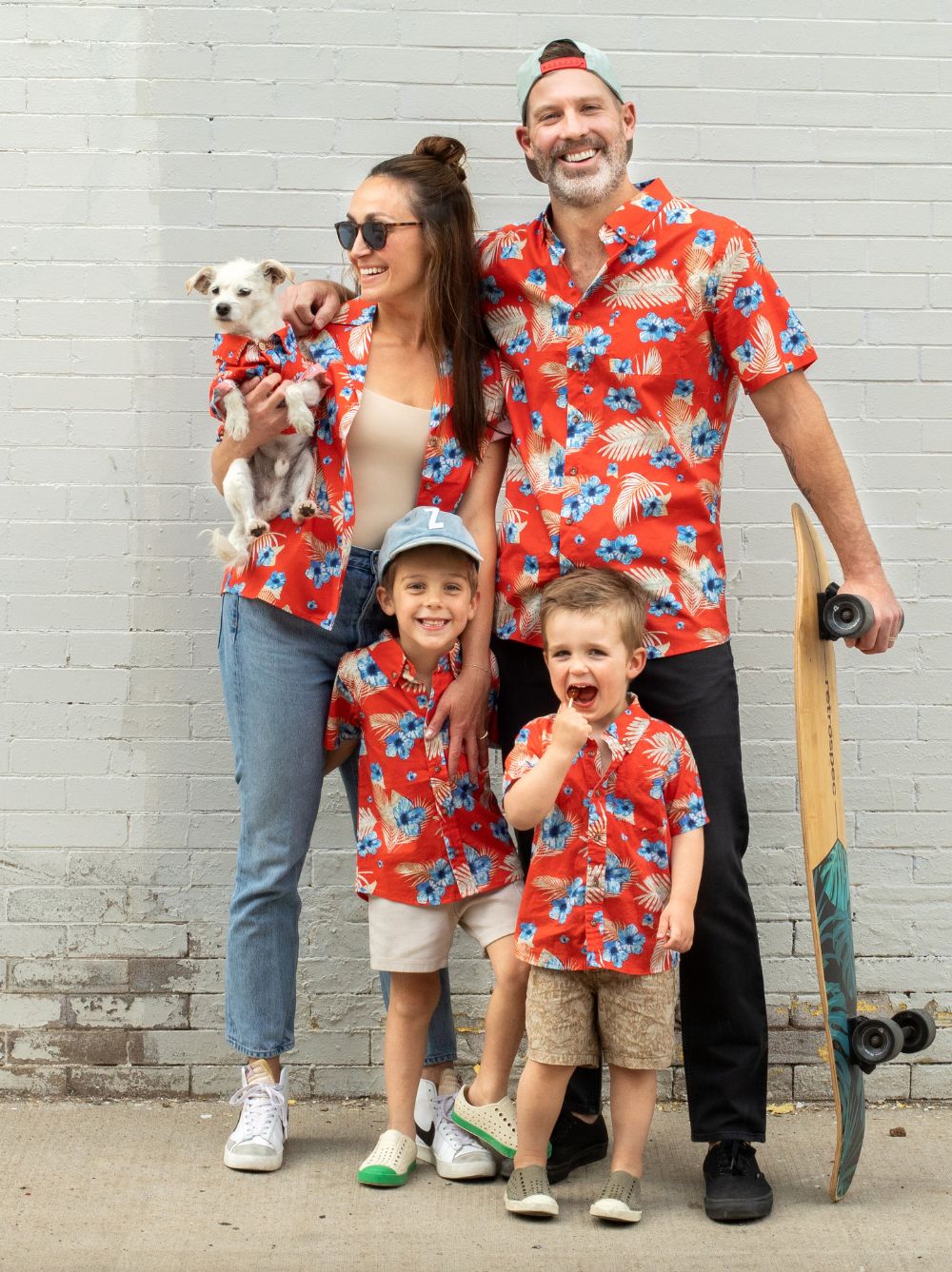 Dog and owner both in the Vintage Vacay BBQ Shirt tropical print, Good Thomas, sold through Sniff and Shift