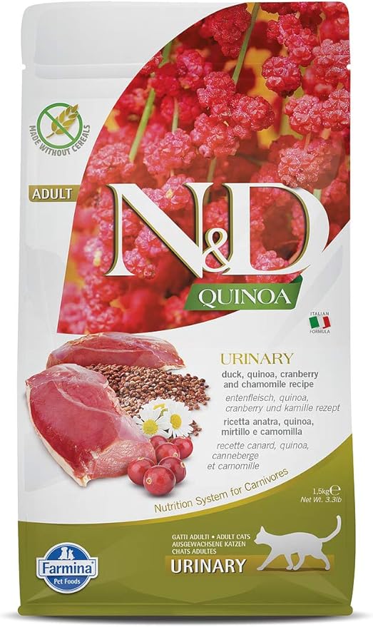 Farmina N&D Quinoa Urinary Duck dry cat food bag, 3.3 lb